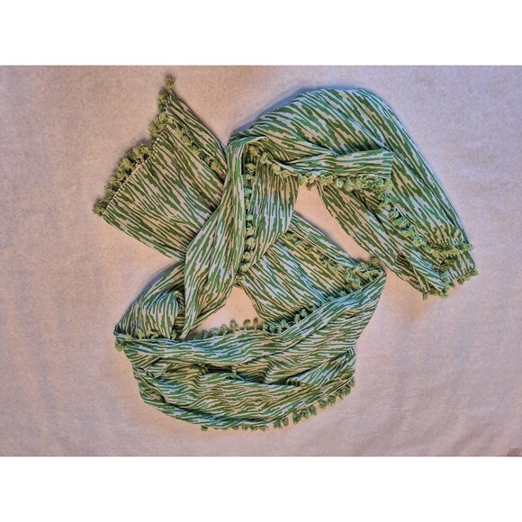 Roberta Roller Rabbit Pom Pom Trim Scarf Green and White 74 x 19 Cotton - Picture 9 of 9